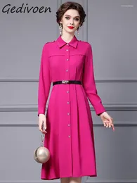 Casual Dresses Gedivoen Autumn Fashion Designer Rose Red Vintage Party Dress Women Lantern Sleeve Button Sashes Gathered Waist Slim Long