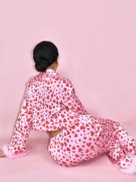 Home Clothing Womens Valentines Day Two Piece Pyjama Set Long Sleeve Heart Print Button Down Shirts Pants Y2K Loungewear Sleepwear