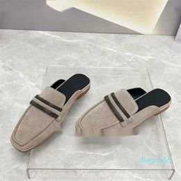 Chinelos 2024 Square Toe Mulheres Kid Suede String Bead Slides Mulher Ao Ar Livre Casual Mules Conforto Flat