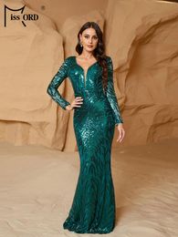 Casual Dresses Missord Elegant Green Print Party Dress Women Long Sleeve V Neck Sequin Bodycon Mermaid Evening Ladies Prom Gown