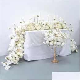 Decorative Flowers & Wreaths Luxury Wedding White Rose Orc Flower Row Runner Arrangement Banquet Event Decor Table Ball Party Prop Dro Dhsoc