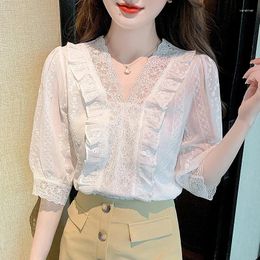 Women's Blouses Sexy Lace Patchwork V-neck Top Women 2024 Summer Fashion Hook Flower Half Sleeve Ruffle Blouse Office Lady Elegant White