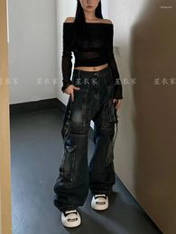 Women's Jeans Black Y2k Cargo Harajuku Aesthetic 2000s Trashy Oversize Denim Trousers Streetwear Baggy Jean Pants Vintage