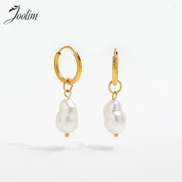 Hoop Earrings Joolim Jewelry High Quality PVD Wholesale Fashion Elegant Freshwater Pearl Pendant Huggie Stainless Steel Earring For Women