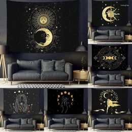 Tapestries Moon And Sun Solar Eclipse Polyester Hanging Tapestry Golden Line Mythology Storey Print Wall Cloth Room Decor Art Carpet