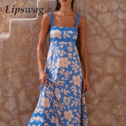 Casual Dresses Fashion Floral Print Boho Party Dress Spring Summer Backless Loose Beach Women Sexy Square Collar Wave Straps Long