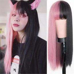 Wigs Lolita Cosplay Wigs Half Pink Half Black Wig Long Straight Synthetic Wig Halloween Wigs Two Ombre Colour For Women Girl Wigs