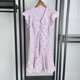 Designer Dress Trend 2024 Spring/Summer Ladies Light Mature Sunflower Hollow V-neck Flying Sleeves Drawn pleated Slim Dress