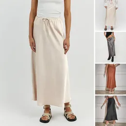 Skirts A Line Long Satin For Women Black 2024 Elegant High Waist Maxi Beige Silk Lace Up Skirt