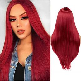 Synthetic Wigs European and American wig fashion womens mechanochemical fiber hair multi color medium length straight hair wine red wig Y240401