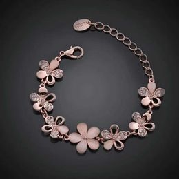 Chain Charming 18K Rose Gold Plated Womens Pink Cat Eye Protein Stone Flower Chain Bracelet Q240401
