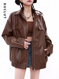 Women's Jackets KUCLUT Faux Leather Coat For Women Turn Down Collar Zipper Vintage Brown Jacket Streetwear Long Sleeve Fashion