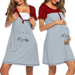 Women Maternity Dresses Short Sleeve Cute Print Pyjamas Maternity Short Sleeve Cute Print Nursing Nightdress Breastfeeding Dress 240319