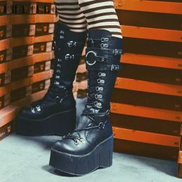 Boots INS Brand New Womens Thigh High Combat Boots Women Lace Up Zip Thick Wedges BucklePunk Goth Cool Fashion Women Street Booties