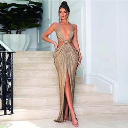 Sexy Front Slit Exquisite Halter Evening Dresses Sleeveless Floor length Open Back Paillette Party Gown For Women Custom 240401