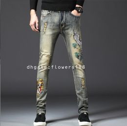 Men's Jeans New Men's Stretch Pencil Jeans Embroidered Tiger Head Slim Fashion Pants Boys Purple Jeans Boys Ripped Jeans Boys Skinny Jeans Brown Jeans