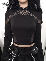 Women's T Shirts Yangelo Gothic Mesh Patchwork T-Shirts Women Long Sleeve Eyelet Sexy Hollow Out Crop Tops Streetwear Harajuku Punk Slim