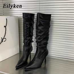 Boots Eilyken Pleated Serpentine KneeHigh Women Boot Fashion Pointed Toe Pole Dancing Shoes Sexy High Heels Botines Mujer