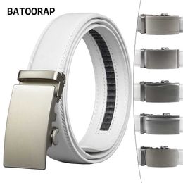 Belts BATOORAP Mens Genuine Leather White Belt with Metal Automatic Buckle Fashion Mens Business Ratchet Belt Q240401