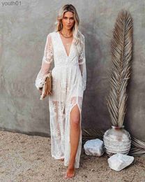 Basic Casual Dresses Happie Queens Vintage Women V-neck Long Sleeve Ruffles Bohemian Beach Maxi Dress Ladies Chiffon Lace Hollow Out Boho yq240402