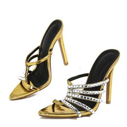 Dress Shoes Summer Fashion Golden High Heels Modern Slippers For Women Crystal Rhinestone Narrow Band Sandal Female Party Prom Shoes H240401