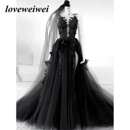 Gothic Black Prom Dresses Sexy Backless High Side Split A-line Evening Dress Lace Formal Party Gowns With Veil Robe De Soiree 240416