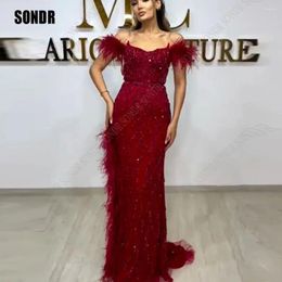 Party Dresses SONDR Sexy Shiny Red Saudi Arabic Prom Off The Shoulder Sequins Feather Formal Evening Sequineds Gowns