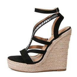 Dress Shoes New Summer Wedge Sandals Women Str Rope Weave Thick Bottom Platform High Heels Fashion Open Toe Buckle Strap Rhinestone Shoes H240401EJSB