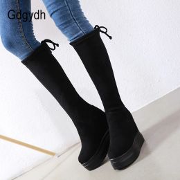 Boots Gdgydh Winter Knee High Boots For Women Fashion Stretch Wedges Height Increasing Ladies Suede Lace Up Platform Boots Black Retro