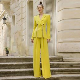 Women's Two Piece Pants Yellow Lapel Suit Slim Fashion Rhinestones Cut Out Long Sleeve Jacket High Waist Wide Leg Trousers Set