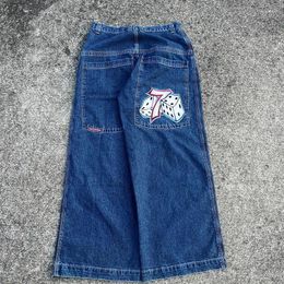 Women's Jeans JNCO Hip Hop Size 7 Dice Pattern Embroidered Retro Street Blue Loose For Men And Women High Waisted Wide Pants