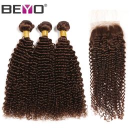 Closure PreColored #4 Kinky Curly Bundles With Closure Brazilian Hair Weave Bundles 100% Human Hair Bundles With Closure Beyo Non Remy