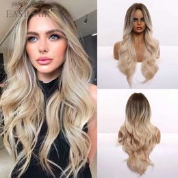 Synthetic Wigs EASIHAIR Ombre Brown Light Blonde Platinum Long Wavy Middle Part Hair Wig Cosplay Natural Heat Resistant Synthetic Wig for Women Y240401