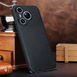 Genuine Cowhide Leather Litchi Case for Huawei Pura 70 Pro/Pura 70 Retro Business Armour Back Cover