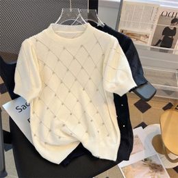Summer Sweater Womens Knitted Pullover Loose O-Neck Short Sleeve Diamond Sweater Western Style Versatile Backing Pullover Tops240401