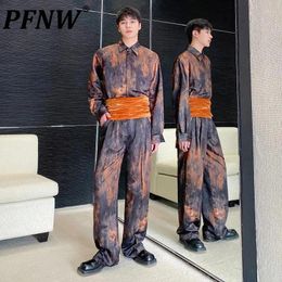 Men's Tracksuits PFNW Spring Chinese Style Three-piece Set Jacquard Tie Dyed Long Sleeve Shirt Wide Leg Pants Velvet Corset 2024 9C5134