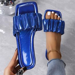 Slippers Summer For Women Blue Pleated Indoor Outdoor Flip Flops Flats 2024 Korean Sandals Shoes Size 36-43