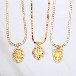 Pendant Necklaces FLOLA Multicolor Virgin Mary Necklace Copper Zircon White Stone Tennis For Women Gold Plated Christian Jewelry Nkea043