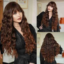 Synthetic Wigs NAMM Long curly Hair Wig Brown Gold Gradient Wig for Woman Daily Cosplay Natural Synthetic Wigs with Bangs Heat Resistant Fibre Y240401
