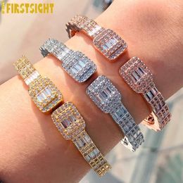 Charm Bracelets Iced Out Bling Opened Square Bracelet Silver Color 5A CZ Zircon Baguettecz Bangle For Men Women Hiphop Jewelry