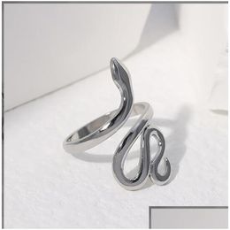 Band Rings Stainless Steel Animal Snake Shape Finger Ring Uni Exaggerated Personality Adjustable Open Leaf Fashion Party Jewelry Drop Dhusm