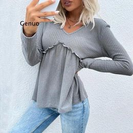 Women's T Shirts Women Long Sleeve T-Shirt Solid Colour Waffle-Knit V Neck Flounce Patchwork Basic Tops For Ladies S/M/L/XL Light Grey