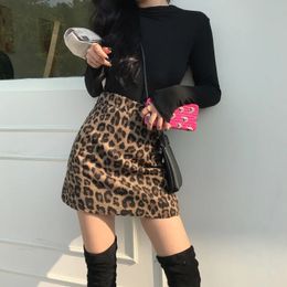 TingYiLi Leopard Woollen Pencil Skirt Autumn Winter High Waist Vintage Womens Korean Style Ladies Sexy Short Mini 240401