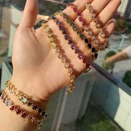 Chain 2024 Rainbow Colourful Heart shaped Tennis Bracelet Necklace Gold Micro Pave Red Pink Purple CZ Fashion Wedding Jewellery Set Q240401