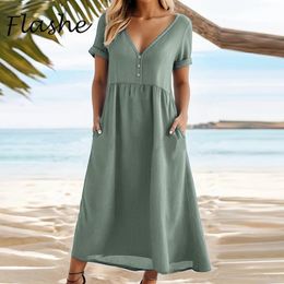 Summer Casual Long Dres V Neck Short Sleeve Button Party Dresses For Women Fashion Maxi Boho 240326