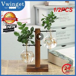 Vases 1/2PCS Hydroponic Plant Vintage Flower Pot Transparent Vase Wooden Frame Glass Tabletop Plants Home Bonsai Decor