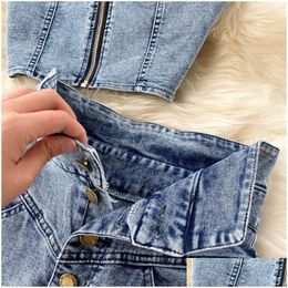 Two Piece Dress Amolapha Women Jeans Vestskirts Sets Straps Tops Buttons Denim Skirt Suits For Woman 230428 Drop Delivery Apparel Wome Dhwqy