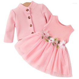 Clothing Sets 2Piece Spring Autumn Born Girl Clothes Korean Fashion Solid Coat Lace Flowers Princess Dress Baby Luxury BC859