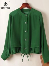 Women's Blouses Birdtree Mulberry Silk 2024 Spring Summer Jacket Thin Coats Long Sleeve Loose Drawstring Casual Short Tops T37737QC
