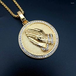 Pendant Necklaces Micro Paved CZ Stone Bling Praying Hand Round Necklace Gold Colour 316L Stainless Steel Men Hip Hop Rock Jewellery
